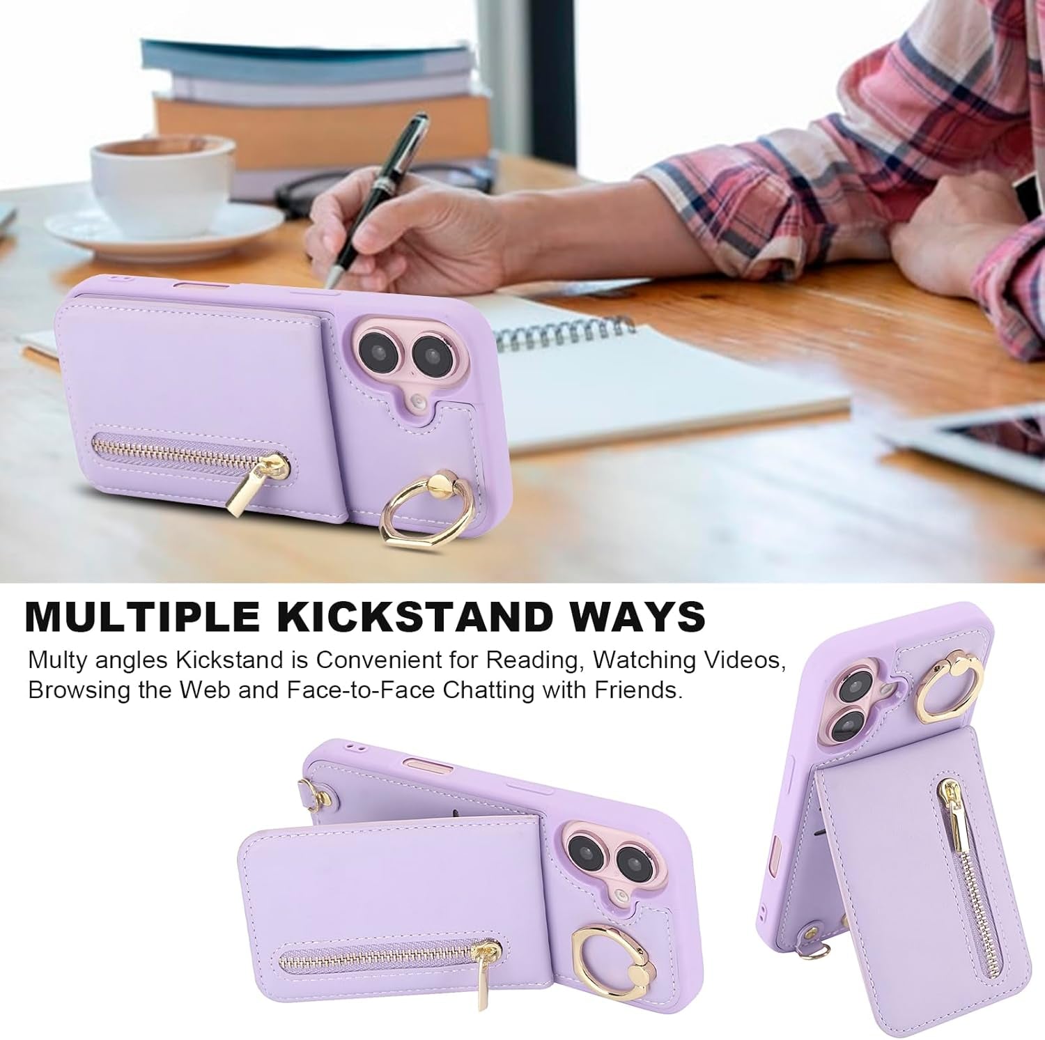 Crossbody Wallet Case for Iphone 16, with Card Slots Zipper Pocket Case, Flip Folio Purse RFID Blocking with Ring Kickstand Detachable Strap-Purple