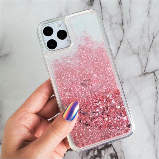 Hard Shockproof  Pink glitter W/ Pink Heart Sparkles Glitter Case for iPhone 11 pro / 12 pro