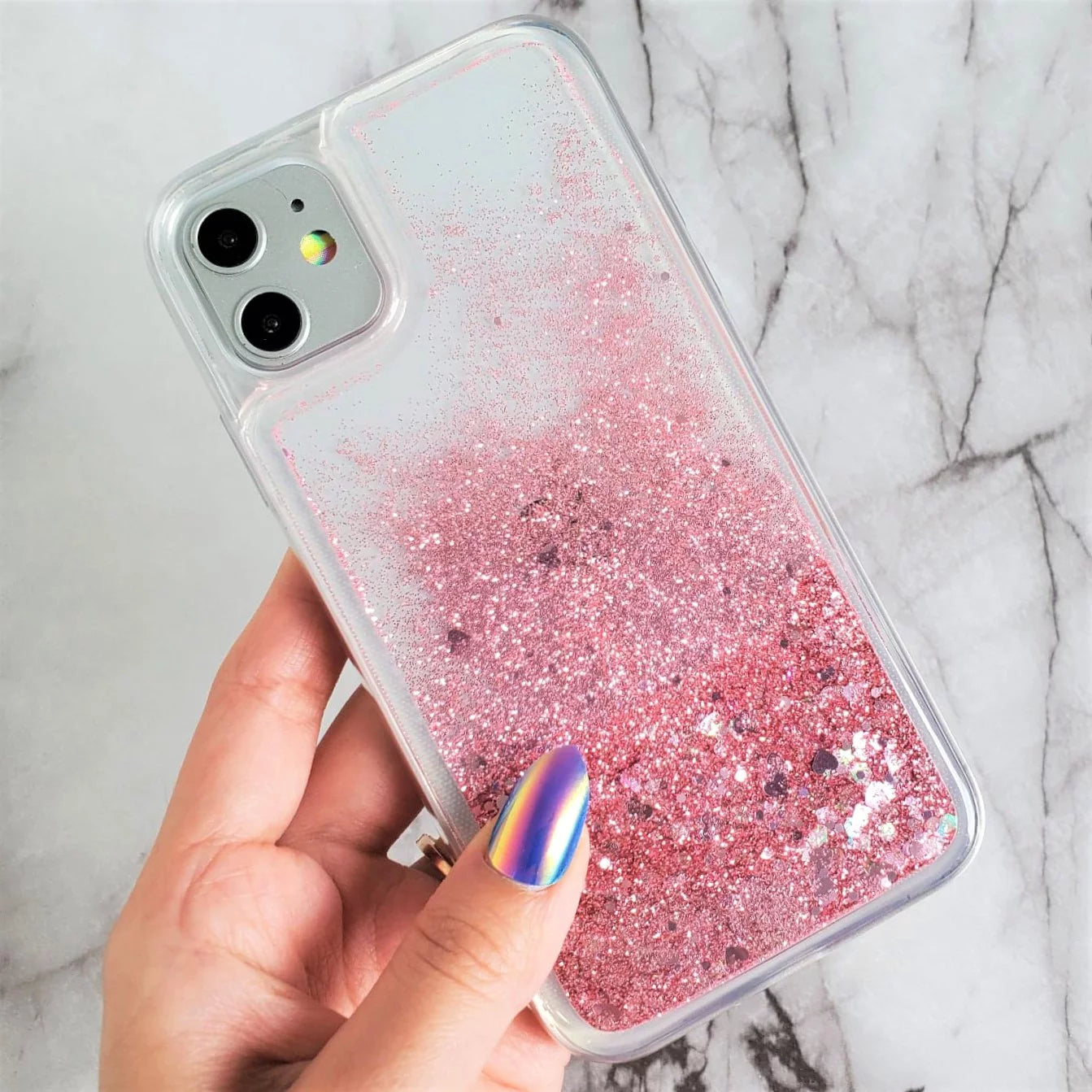 Hard Shockproof  Pink glitter W/ Pink Heart Sparkles Glitter Case for iPhone 11 / 12