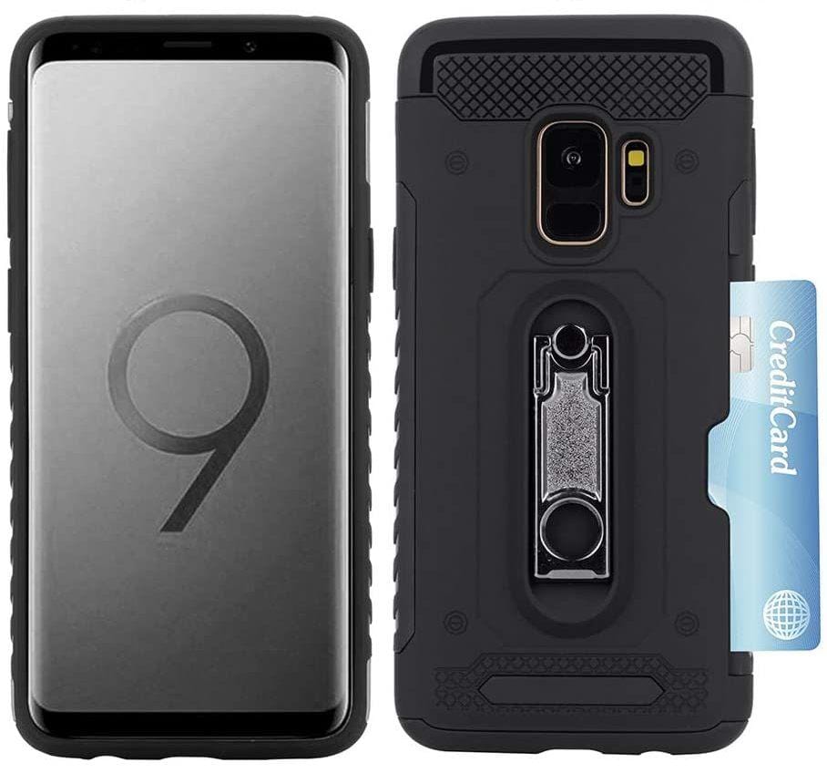 Samsung Galaxy S9+ Plus Military Armor Dual Heavy-Duty Shockproof Ring Holder W/ Credit Card Holder Slot Case (Black) - The Accessories  Place 