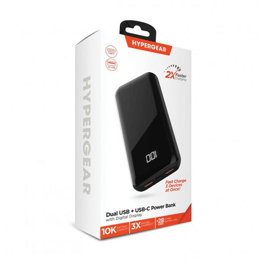 HYPERGEAR Dual USB + USB-C® Power Bank with Digital Battery Indicator (10,000 mAh)