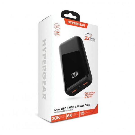 HYPERGEAR 20,000 mAh Dual USB + USB-C™ Power Bank with Digital Battery Indicator
