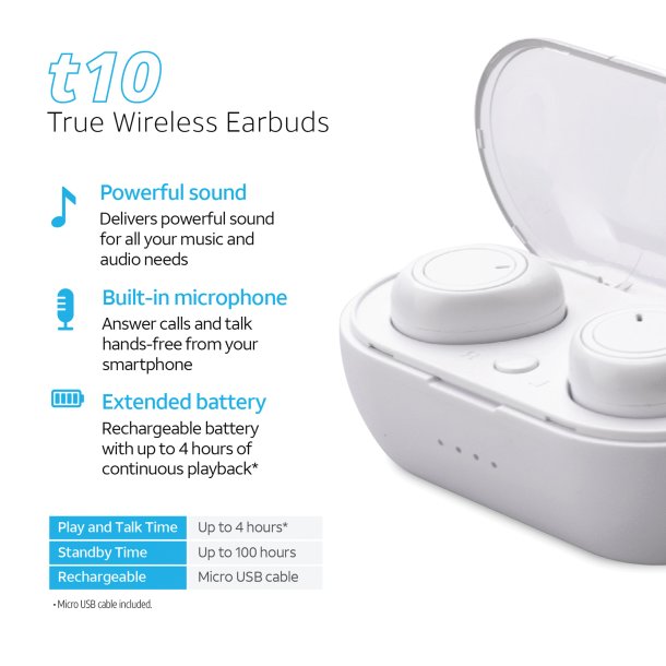 AT&T In-Ear True Wireless Stereo Bluetooth® Mini Earbuds with Microphone (White)