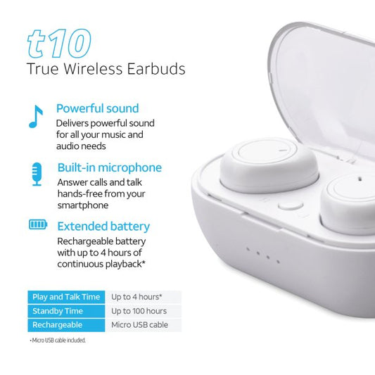 AT&T In-Ear True Wireless Stereo Bluetooth® Mini Earbuds with Microphone (White)