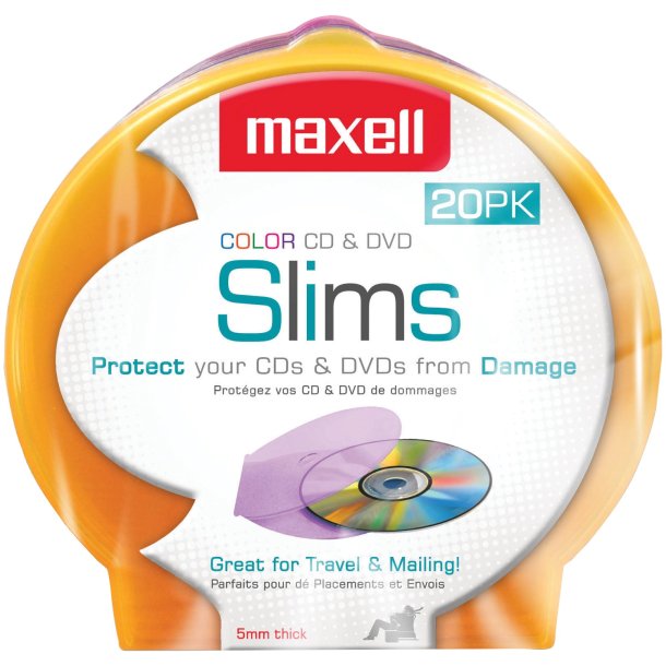 Maxell CD/DVD Slim Plastic Shell Cases, 20 Pack, Assorted Colors
