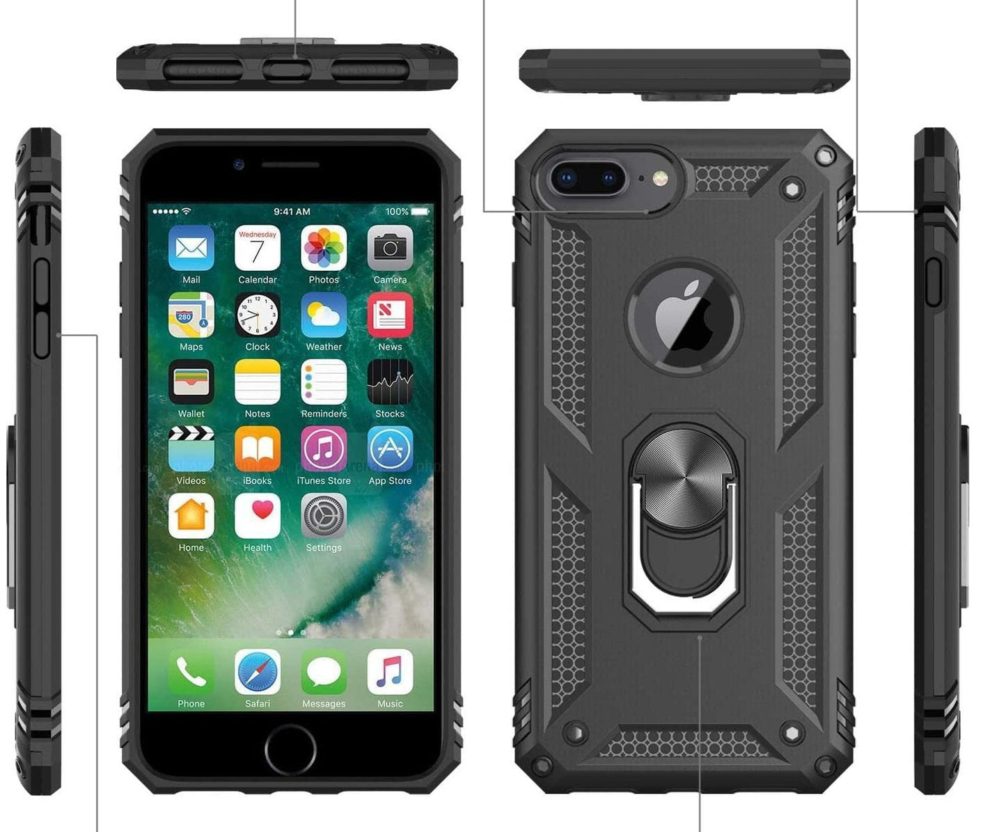 iPhone 6+/7+/8+  Military Armor Dual Heavy-Duty Shockproof Ring Holder Case (Black) - The Accessories  Place 