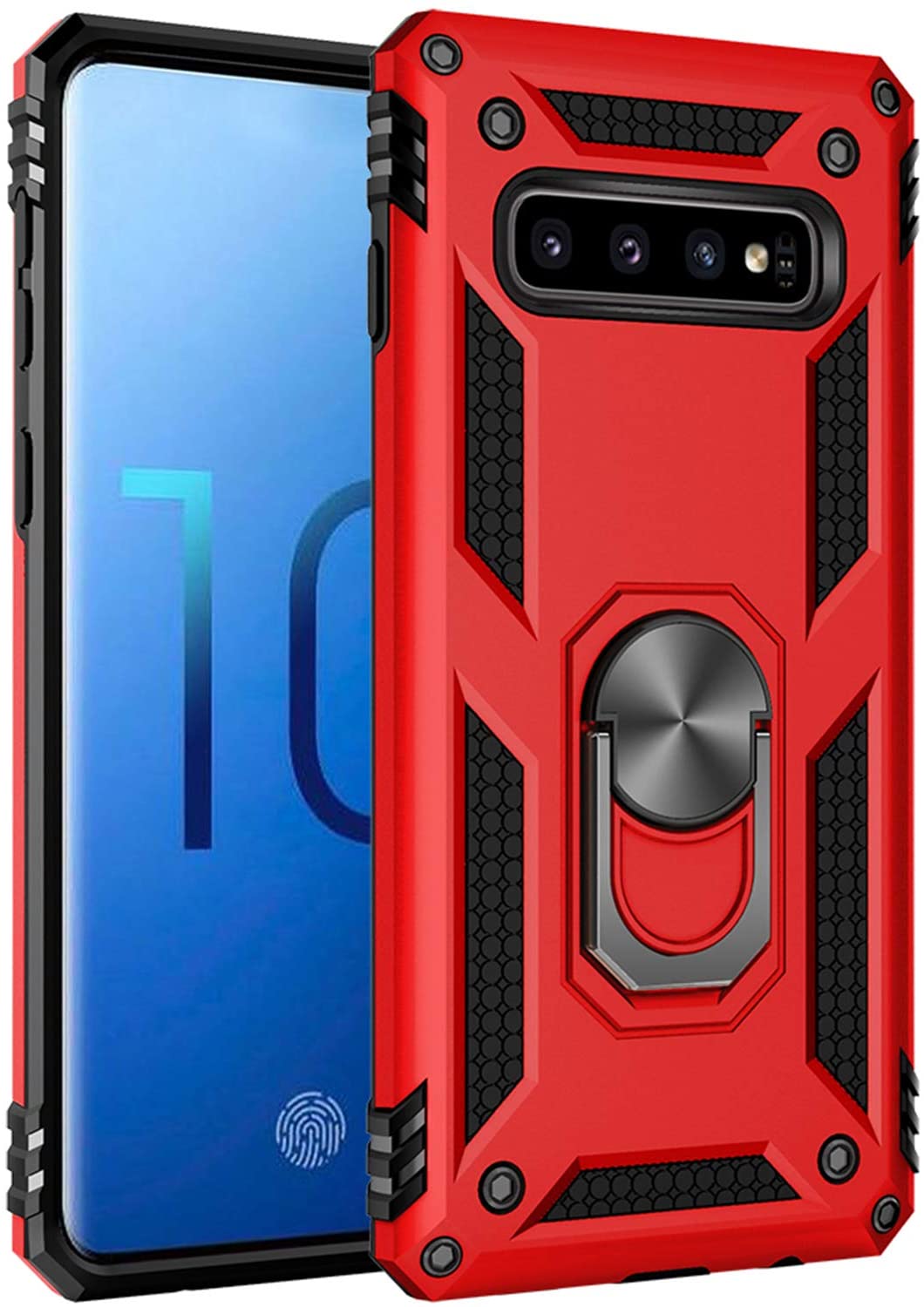 Samsung Galaxy S10 Military Armor Dual Heavy-Duty Shockproof Ring Holder Case (Red) - The Accessories  Place 