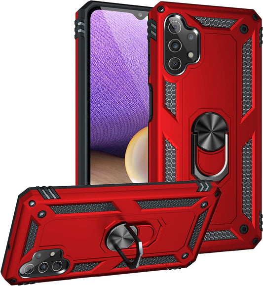 Samsung Galaxy A32 Military Armor Dual Heavy-Duty Shockproof Ring Holder Case (Red)