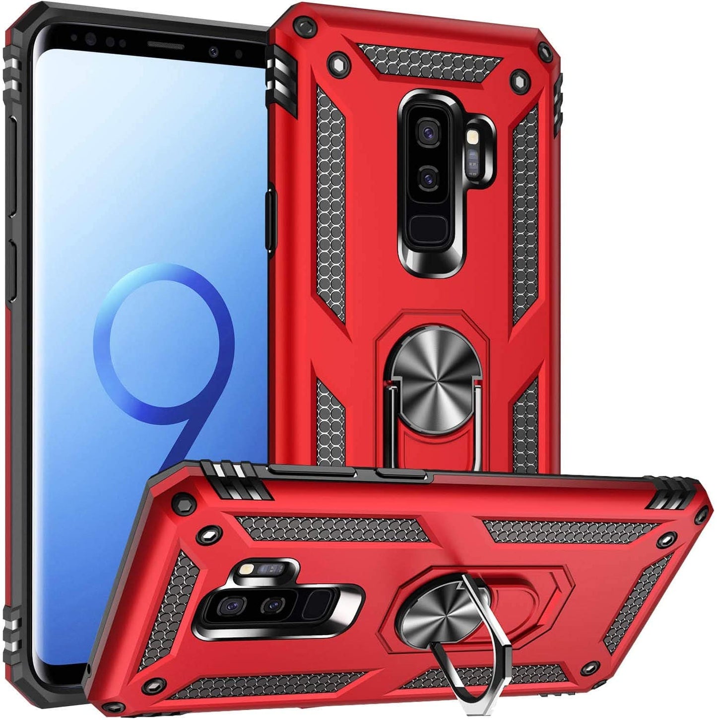Samsung Galaxy S9+ Plus Military Armor Dual Heavy-Duty Shockproof Ring Holder Case (Red) - The Accessories  Place 