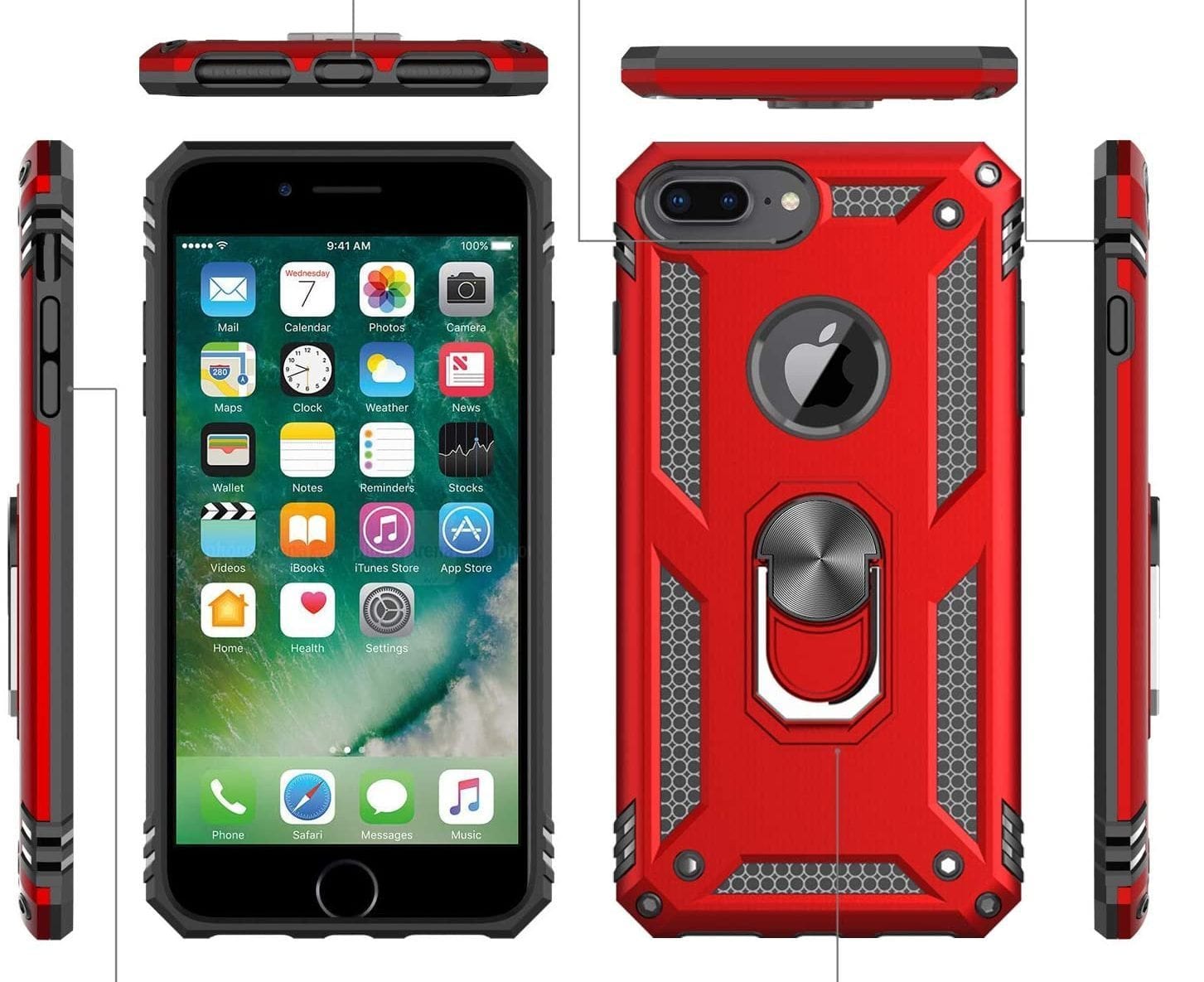 iPhone 6+/7+/8+ Military Armor Dual Heavy-Duty Shockproof Ring Holder Case (Red) - The Accessories  Place 