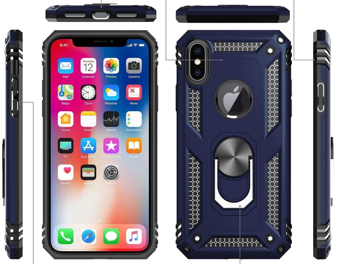 iPhone X/XS  Military Armor Dual Heavy-Duty Shockproof Ring Holder Case (Navy Blue) - The Accessories  Place 