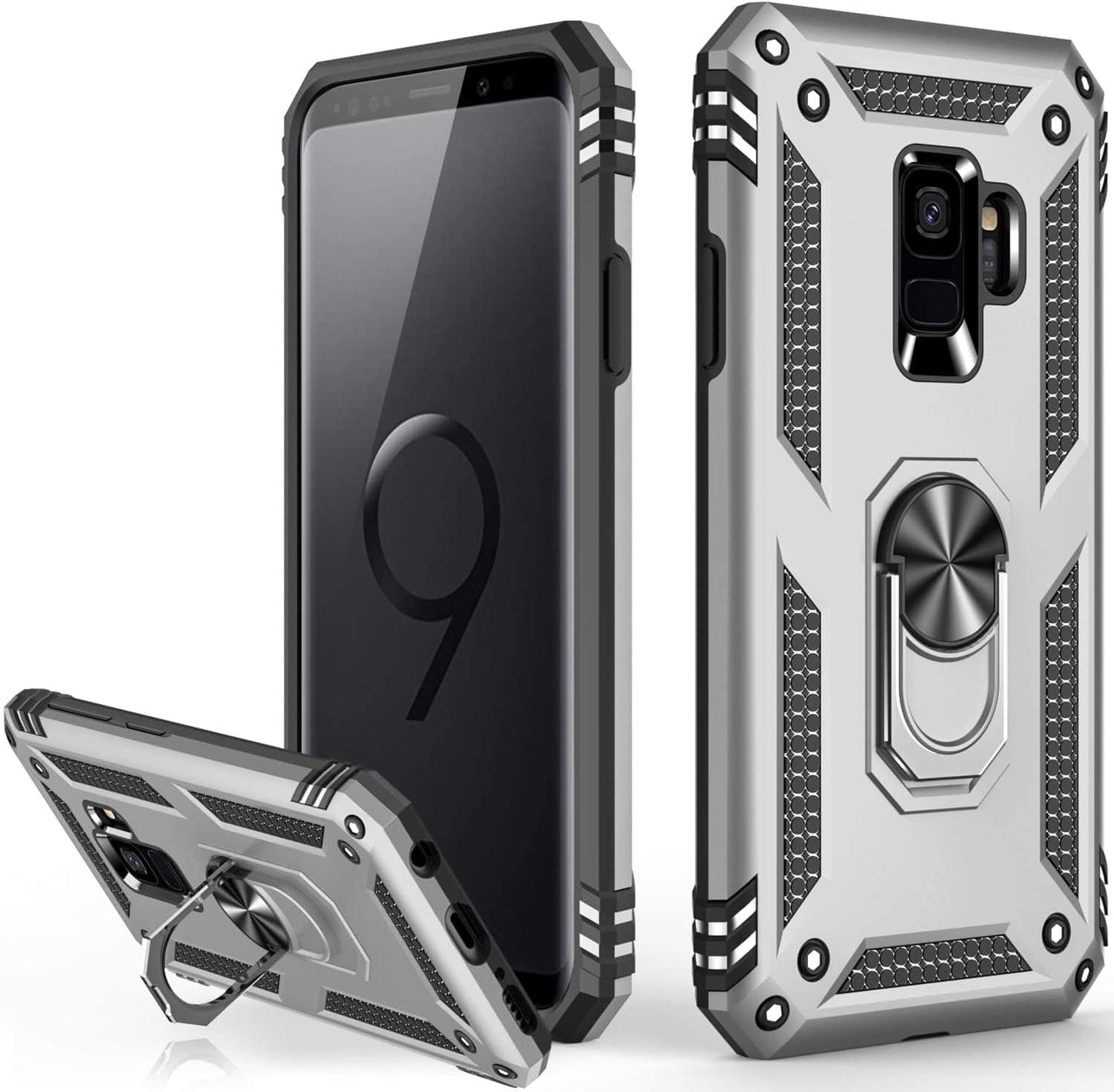 Samsung Galaxy S9+ Plus Military Armor Dual Heavy-Duty Shockproof Ring Holder Case (Silver) - The Accessories  Place 