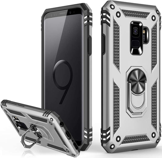 Samsung Galaxy S9 Military Armor Dual Heavy-Duty Shockproof Ring Holder Case (Silver)