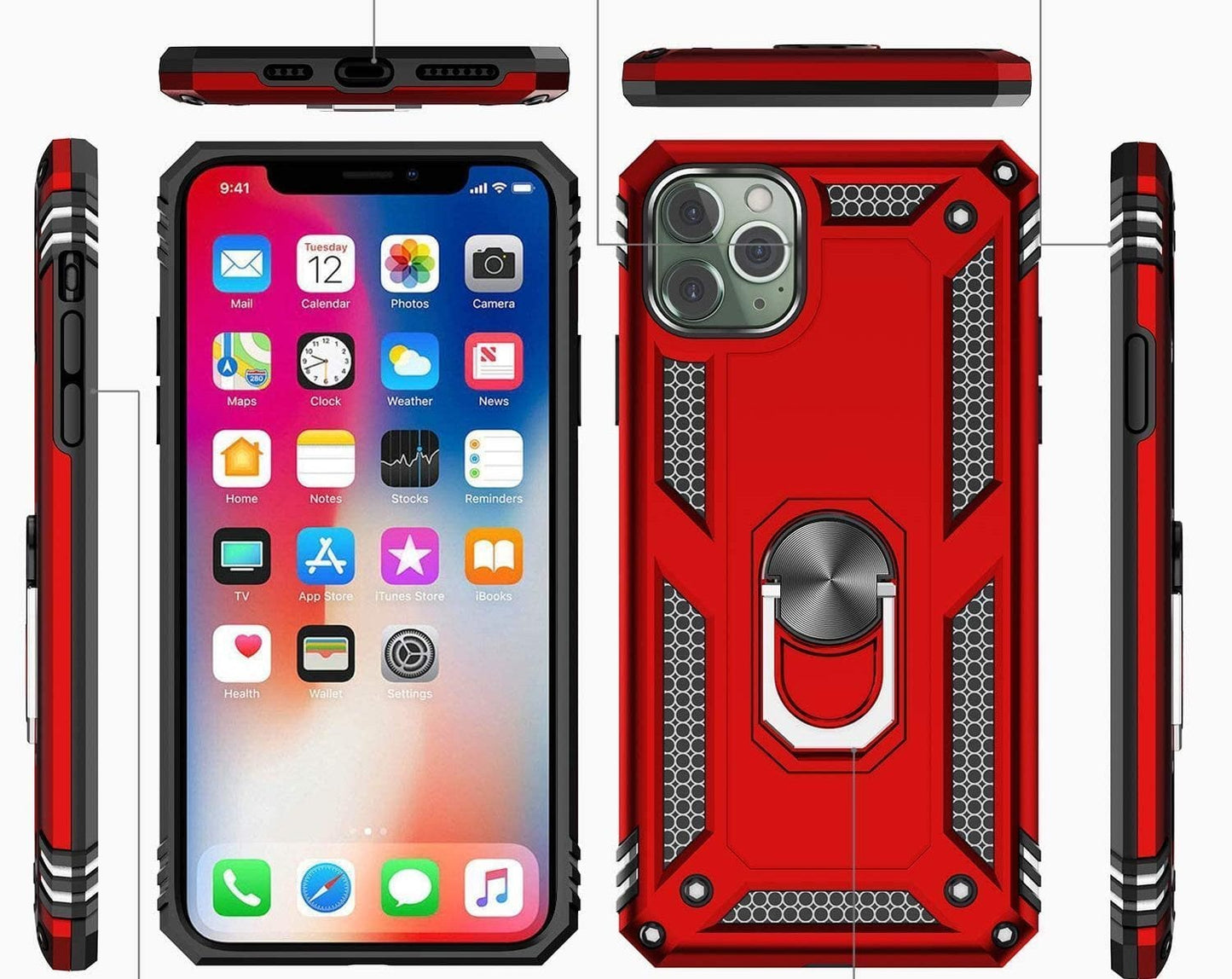 iPhone 11 Pro Max  Military Armor Dual Heavy-Duty Shockproof Ring Holder Case (Red) - The Accessories  Place 