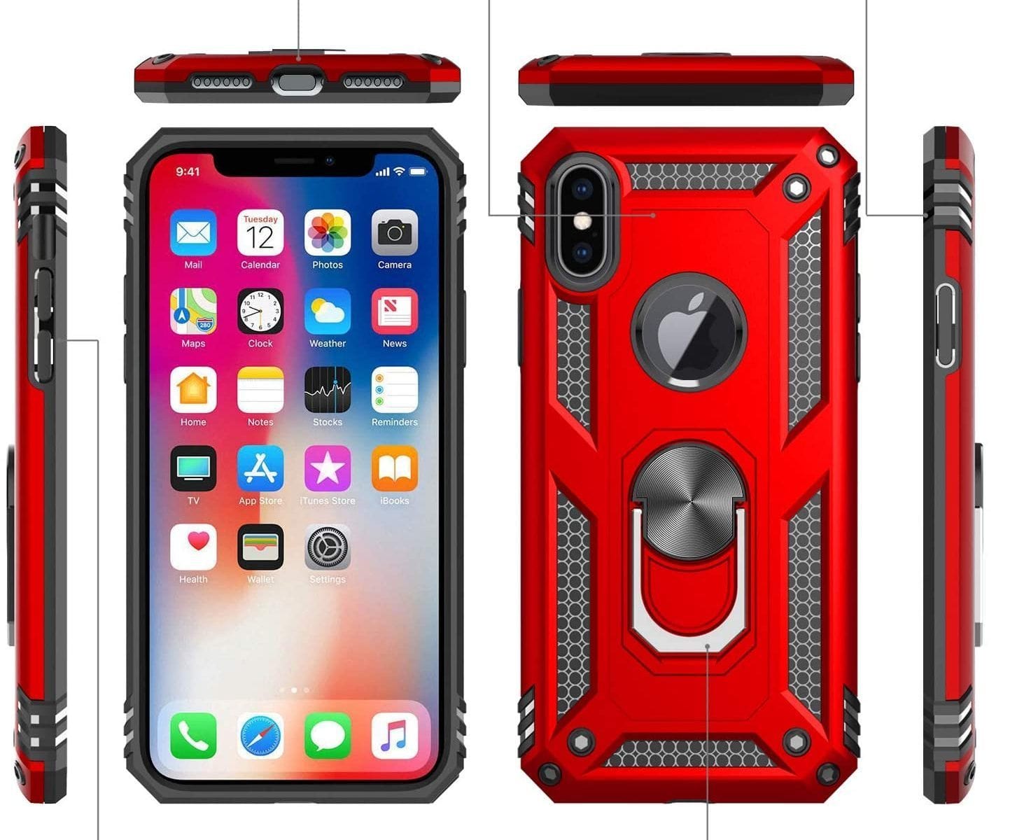 iPhone XS Max Military Armor Dual Heavy-Duty Shockproof Ring Holder Case (Red) - The Accessories  Place 