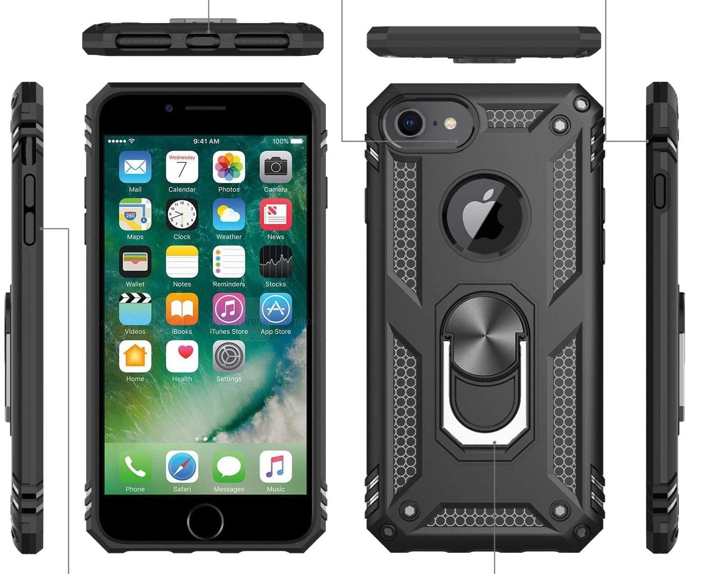 iPhone 6/7/8SE  Military Armor Dual Heavy-Duty Shockproof Ring Holder Case (Black) - The Accessories  Place 