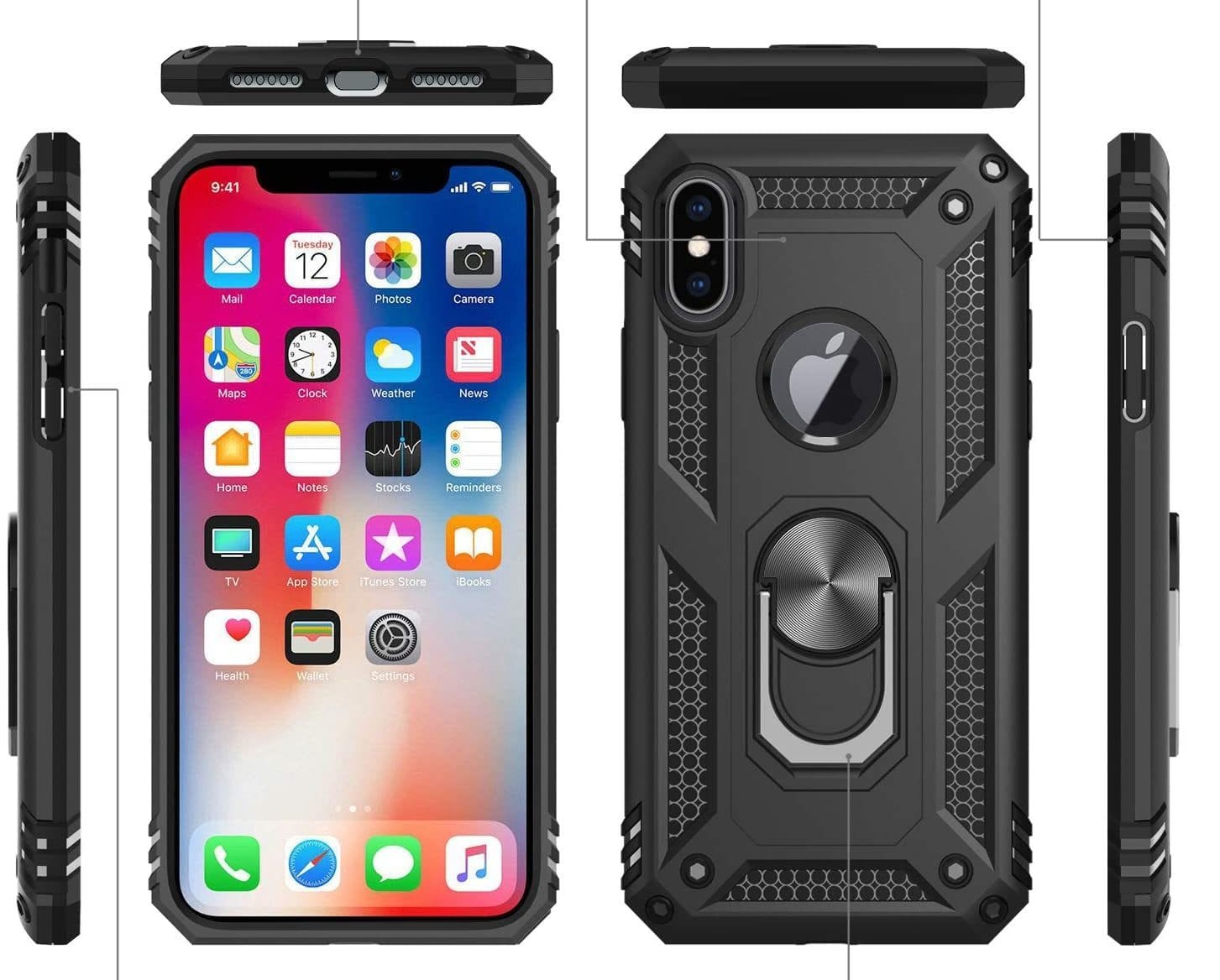 iPhone XS Max Military Armor Dual Heavy-Duty Shockproof Ring Holder Case (Black) - The Accessories  Place 