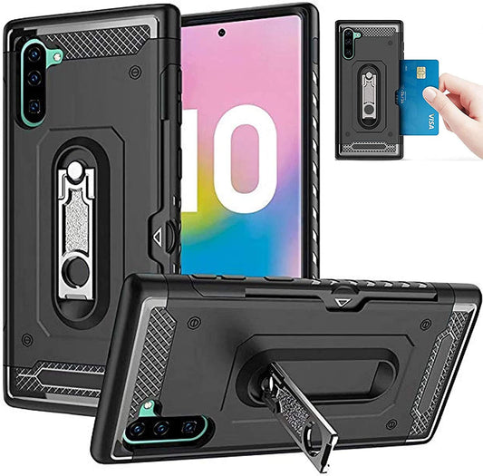 Samsung Galaxy Note 10 Military Armor Dual Heavy-Duty Shockproof Ring Holder W/ Credit Card Holder Case (Black) - The Accessories  Place 