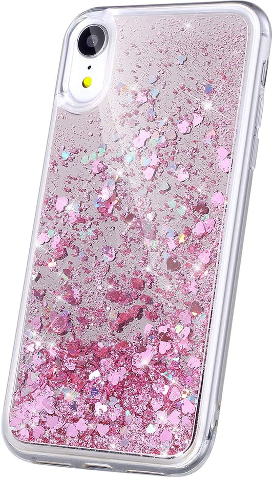 Hard Shockproof  Pink glitter W/ Pink Heart Sparkles Glitter Case for iPhone Xr