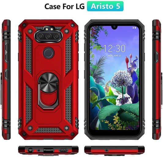 LG Aristo 5 Military Armor Dual Heavy-Duty Shockproof Ring Holder Case (Red)