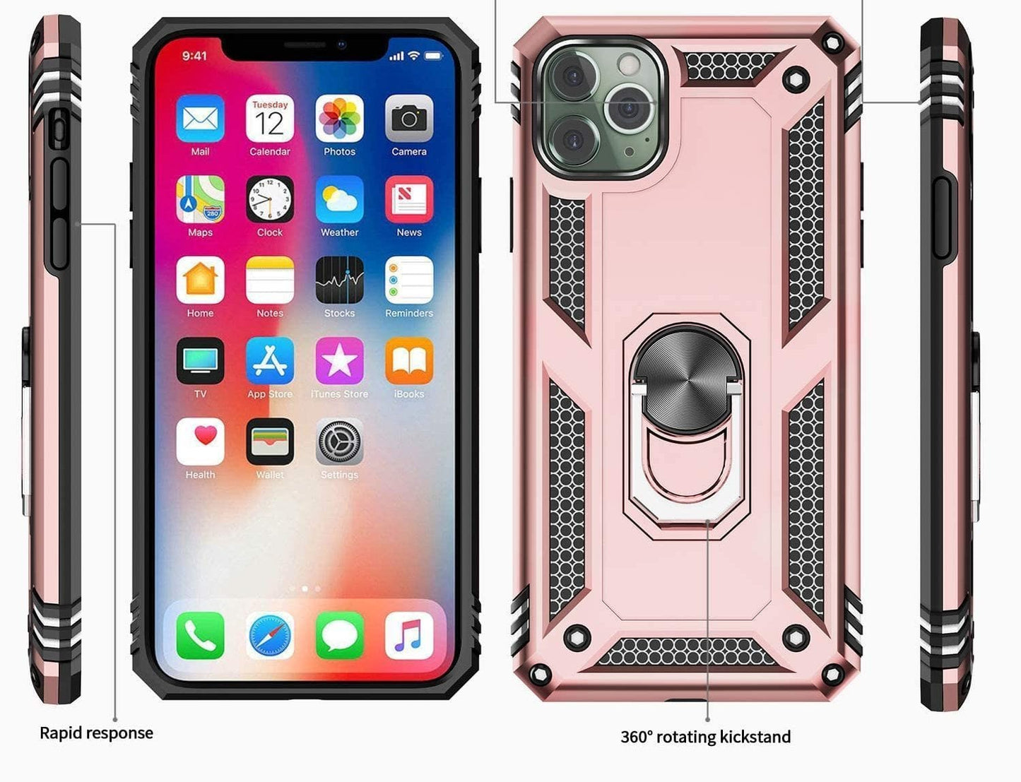 iPhone 11 Pro Military Armor Dual Heavy-Duty Shockproof Ring Holder Case (Rose Gold) - The Accessories  Place 