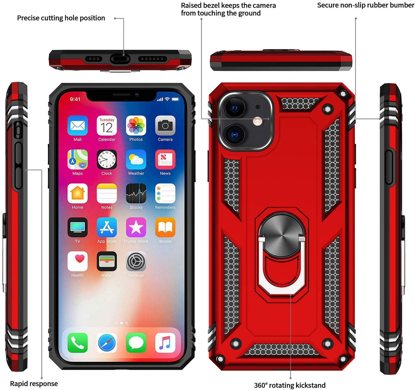 iPhone 11  Military Armor Dual Heavy-Duty Shockproof Ring Holder Case (Red)