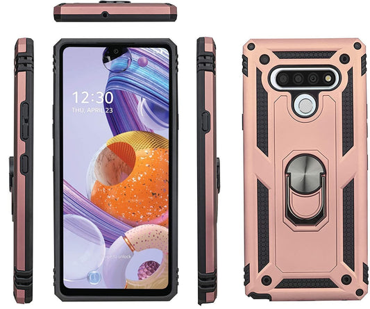 LG Stylo 6 Military Armor Dual Heavy-Duty Shockproof Ring Holder Case (Rose Gold) - The Accessories  Place 
