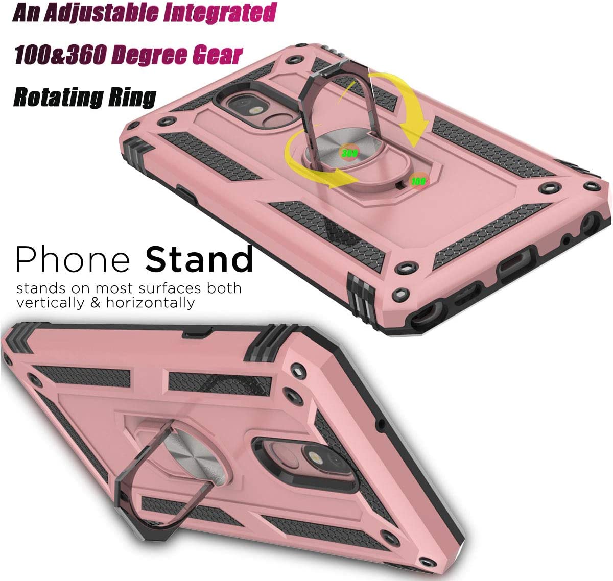 LG Stylo 5 Military Armor Dual Heavy-Duty Shockproof Ring Holder Case (Rose Gold) - The Accessories  Place 
