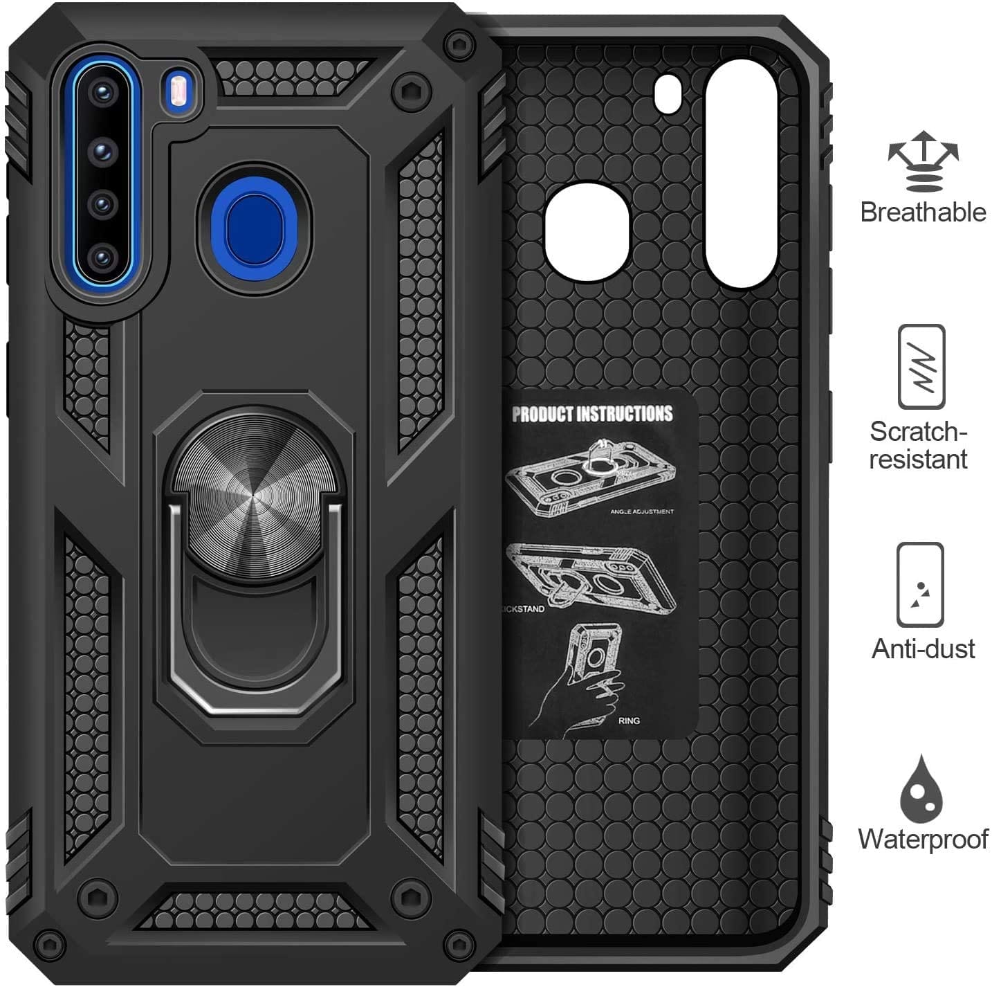 Samsung Galaxy A21 Military Armor Dual Heavy-Duty Shockproof Ring Holder Case (Black) - The Accessories  Place 