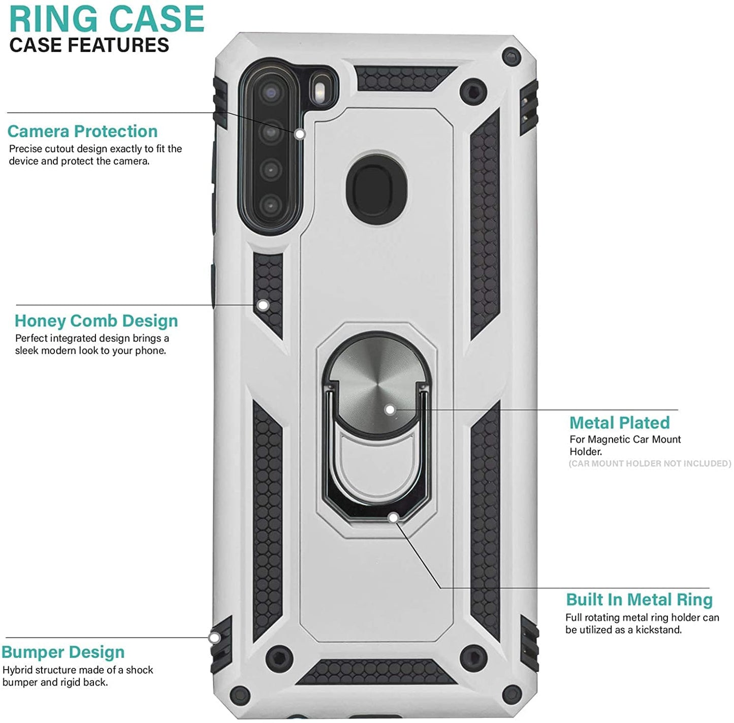 Samsung Galaxy A21 Military Armor Dual Heavy-Duty Shockproof Ring Holder Case (Silver) - The Accessories  Place 