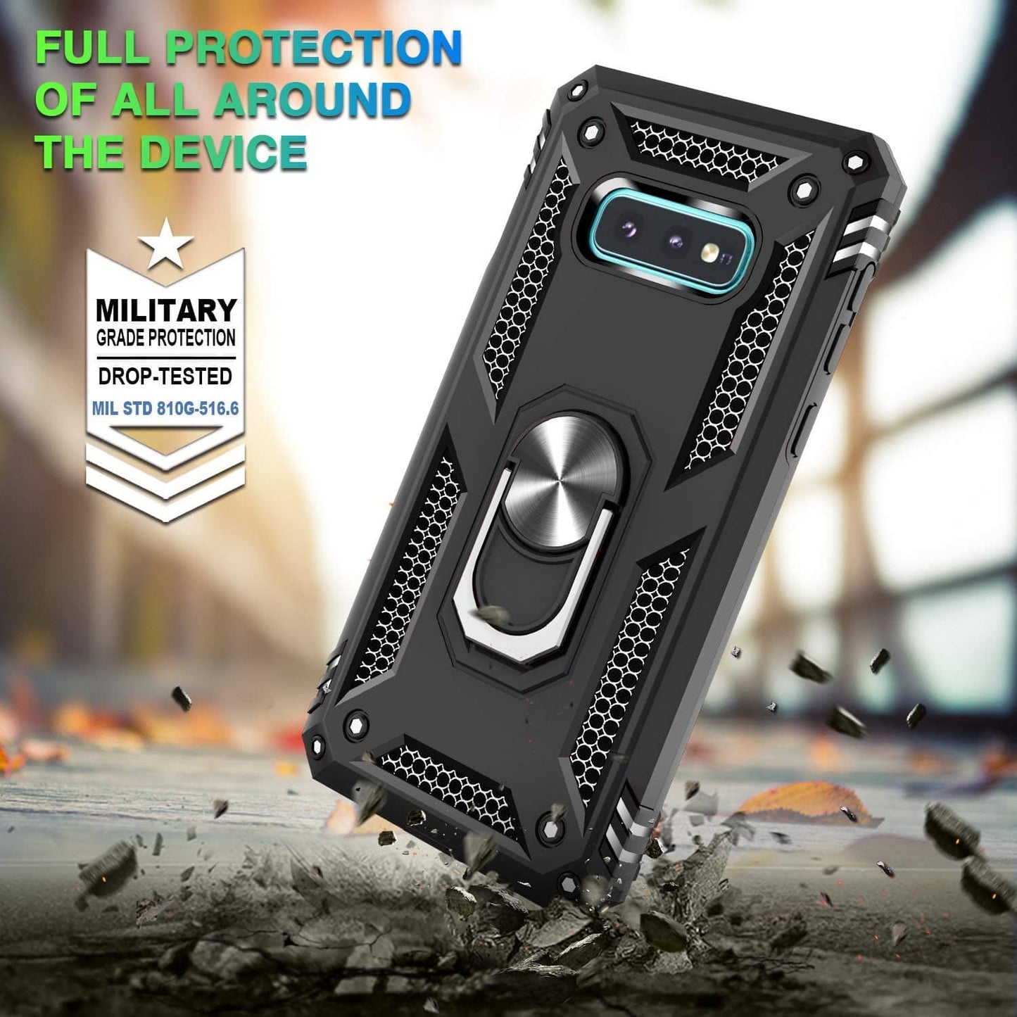Samsung Galaxy S10E Military Armor Dual Heavy-Duty Shockproof Ring Holder Case (Black) - The Accessories  Place 