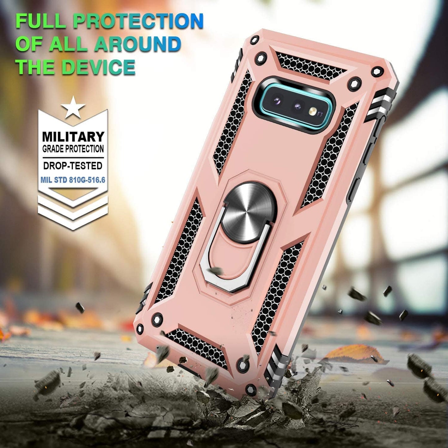 Samsung Galaxy S10E Military Armor Dual Heavy-Duty Shockproof Ring Holder Case (Rose Gold) - The Accessories  Place 