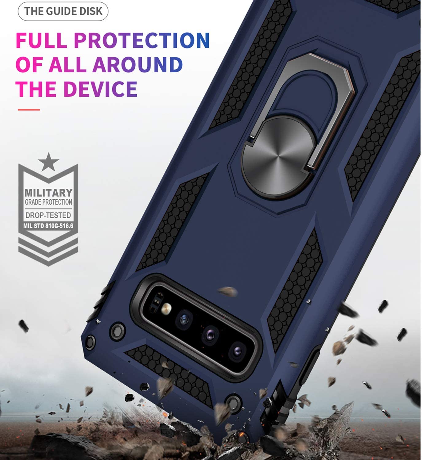 Samsung Galaxy S10 Military Armor Dual Heavy-Duty Shockproof Ring Holder Case (Navy Blue)