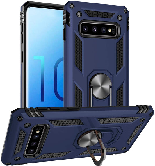 Samsung Galaxy S10 Military Armor Dual Heavy-Duty Shockproof Ring Holder Case (Navy Blue)