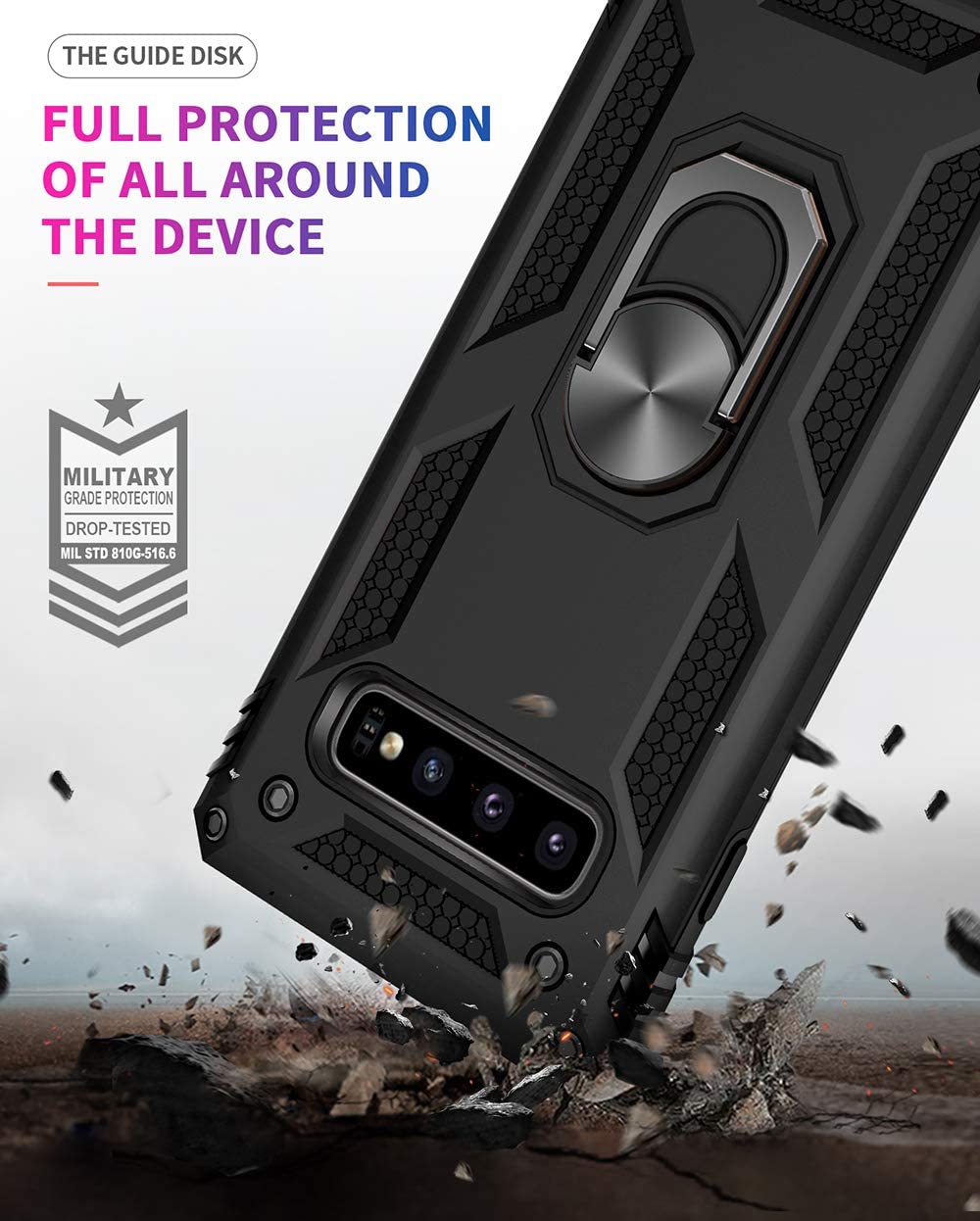 Samsung Galaxy S10 Plus Military Armor Dual Heavy-Duty Shockproof Ring Holder Case (Black) - The Accessories  Place 