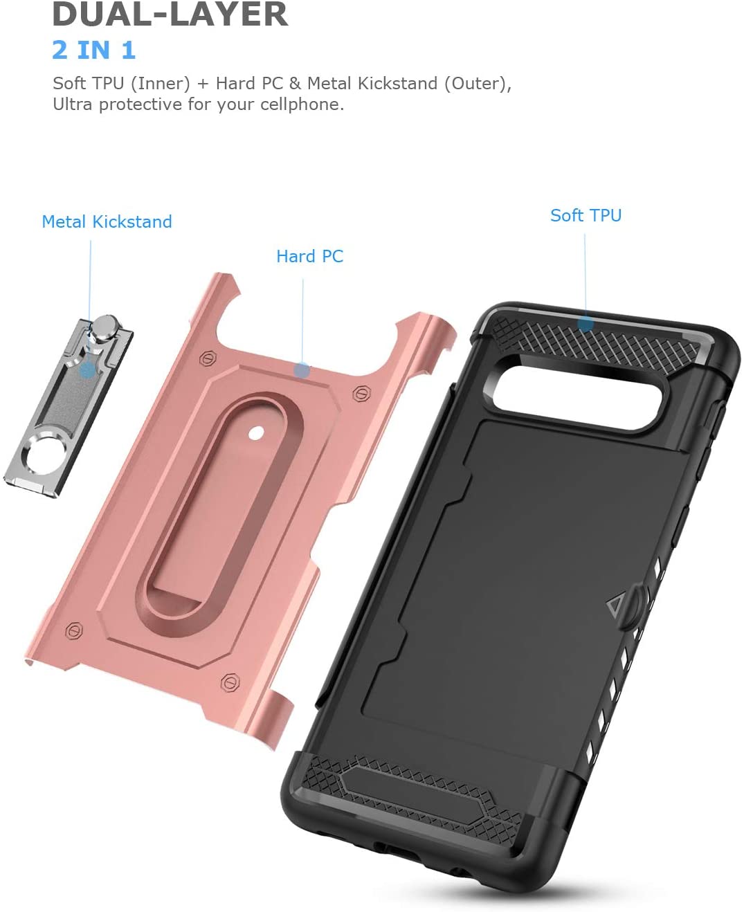 Samsung Galaxy S10 Plus Military Armor Dual Heavy-Duty Shockproof Ring Holder W/ Credit Card Holder Slot Case (Rose Gold) - The Accessories  Place 