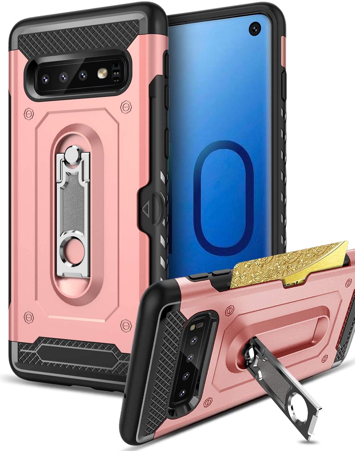 Samsung Galaxy S10 Plus Military Armor Dual Heavy-Duty Shockproof Ring Holder W/ Credit Card Holder Slot Case (Rose Gold) - The Accessories  Place 