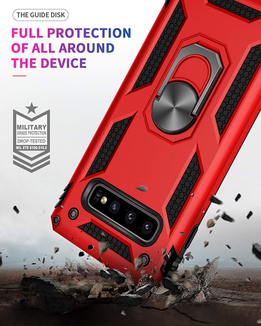 Samsung Galaxy S10 Military Armor Dual Heavy-Duty Shockproof Ring Holder Case (Red) - The Accessories  Place 