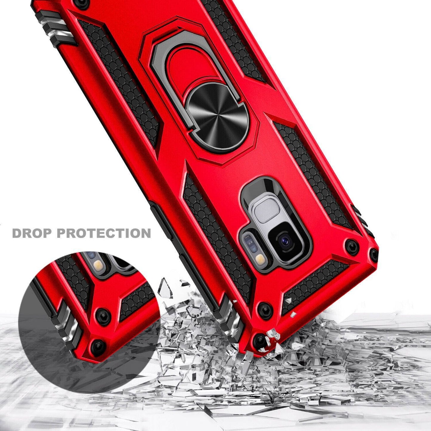 Samsung Galaxy S9 Military Armor Dual Heavy-Duty Shockproof Ring Holder Case (Red) - The Accessories  Place 