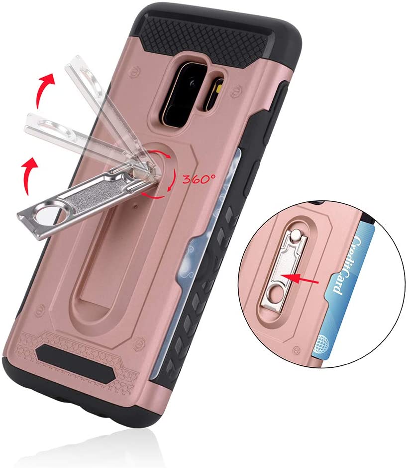Samsung Galaxy S9+ Plus Military Armor Dual Heavy-Duty Shockproof Ring Holder W/ Credit Card Holder Slot Case (Rose Gold) - The Accessories  Place 