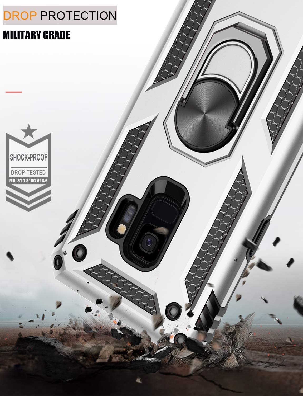 Samsung Galaxy S10 Plus Military Armor Dual Heavy-Duty Shockproof Ring Holder Case (Silver)