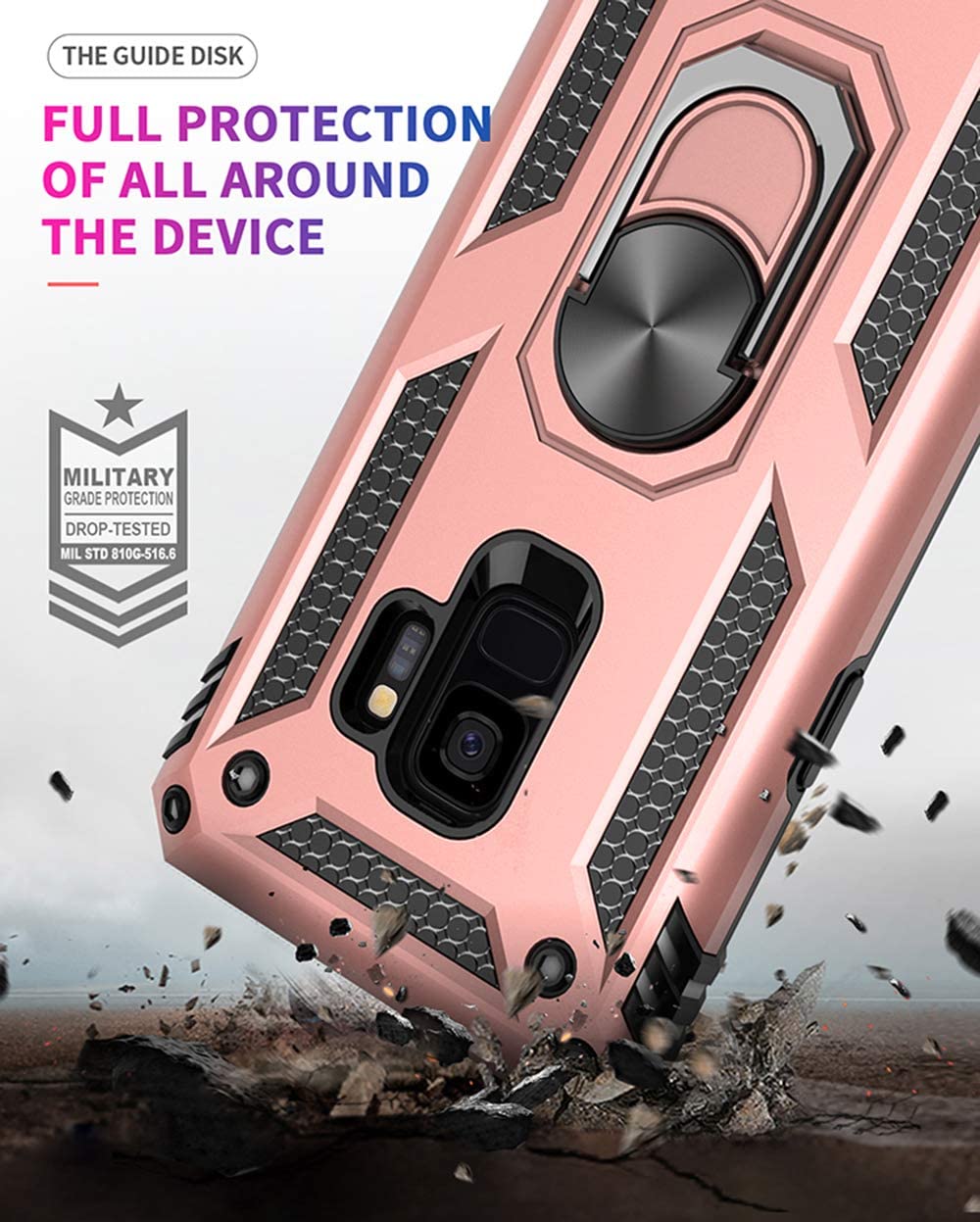 Samsung Galaxy S9 Military Armor Dual Heavy-Duty Shockproof Ring Holder Case (Rose Gold) - The Accessories  Place 