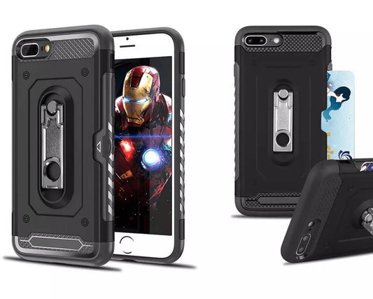 iPhone 6+/7+/8+ Military Armor Dual Heavy-Duty Shockproof Ring Holder W/ Credit Card Slot Case (Black) - The Accessories  Place 
