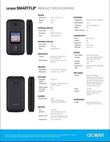 Alcatel SMARTFLIP 4052R | 4G LTE | 4GB Flip-Phone AT&T AND CRICKET- Volcano Black