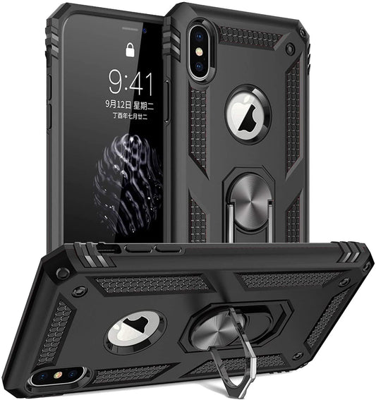 iPhone X/XS Military Armor Dual Heavy-Duty Shockproof Ring Holder Case (Black)