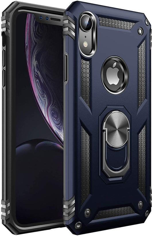 iPhone XR Military Armor Dual Heavy-Duty Shockproof Ring Holder Case (Navy Blue)
