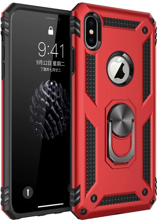 iPhone X/XS  Military Armor Dual Heavy-Duty Shockproof Ring Holder Case (Red)