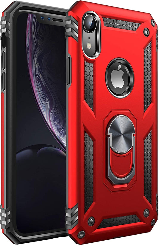iPhone XR Military Armor Dual Heavy-Duty Shockproof Ring Holder Case (Red)