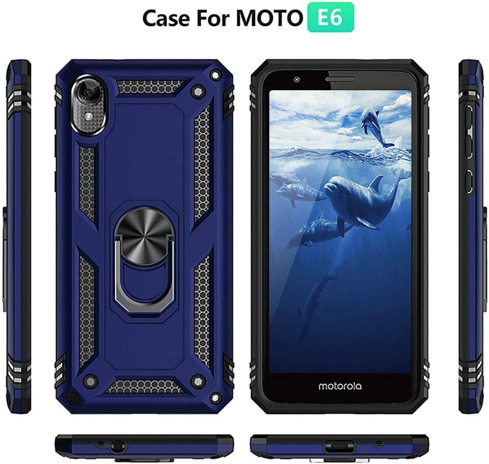 Motorola Moto E6 Military Armor Dual Heavy-Duty Shockproof Ring Holder Case (Blue)