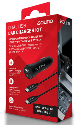 Dual-Port USB Car Charger with 6ft USB-C™ to USB-C™ Cable